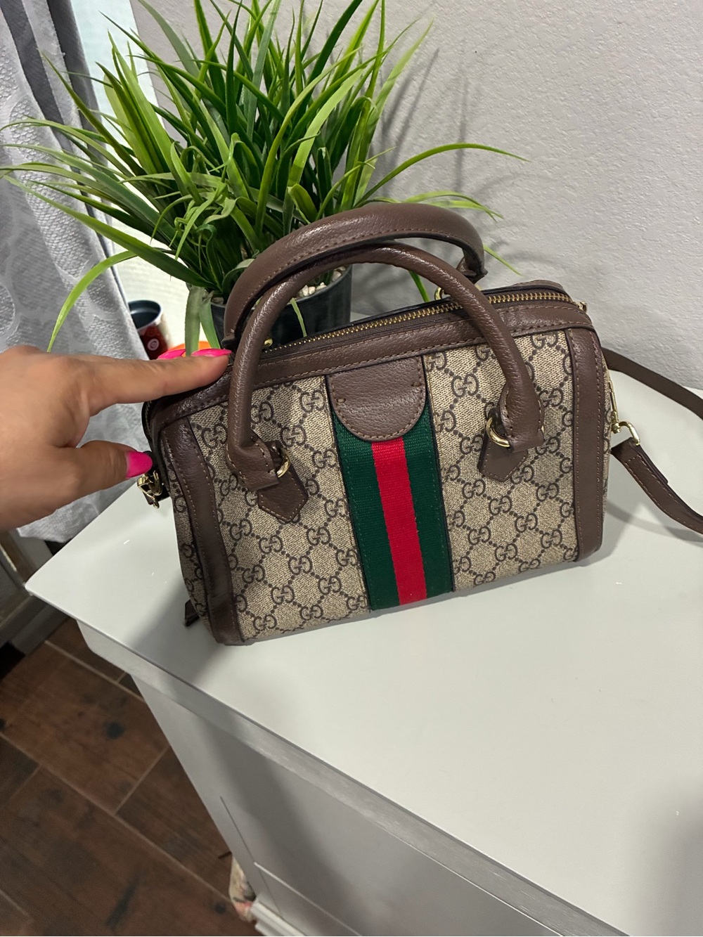 Gucci Beige GG Supreme Style Mini Bag with Green and Red Web